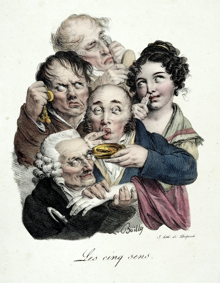 Five people, each exercising one of the five senses. Coloured lithograph after L.-L. Boilly. Credit: Wellcome Collection. CC BY.